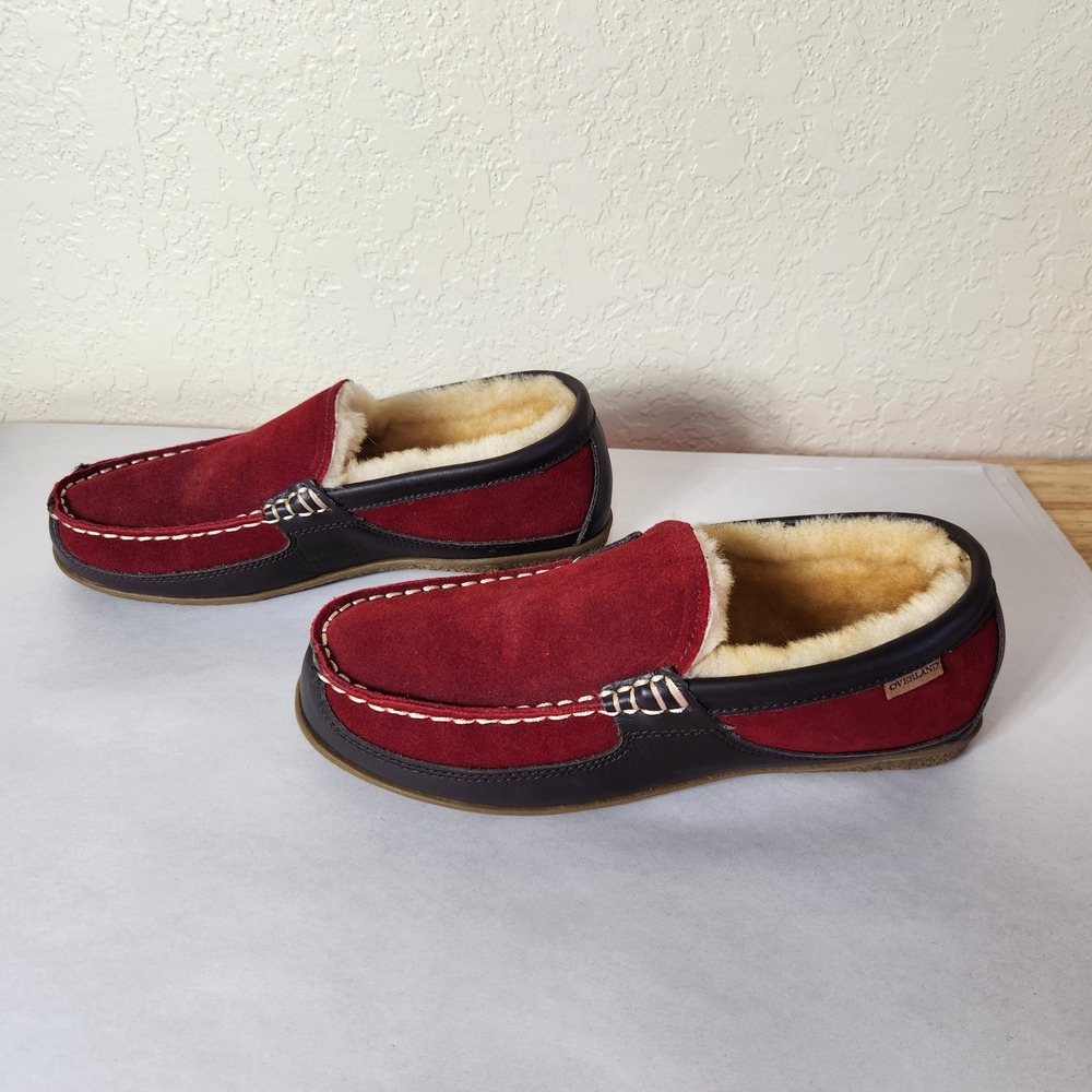 Overland Mens Red Suede Shearling Lined Moccasin Slippers Size 9 Brown Leather